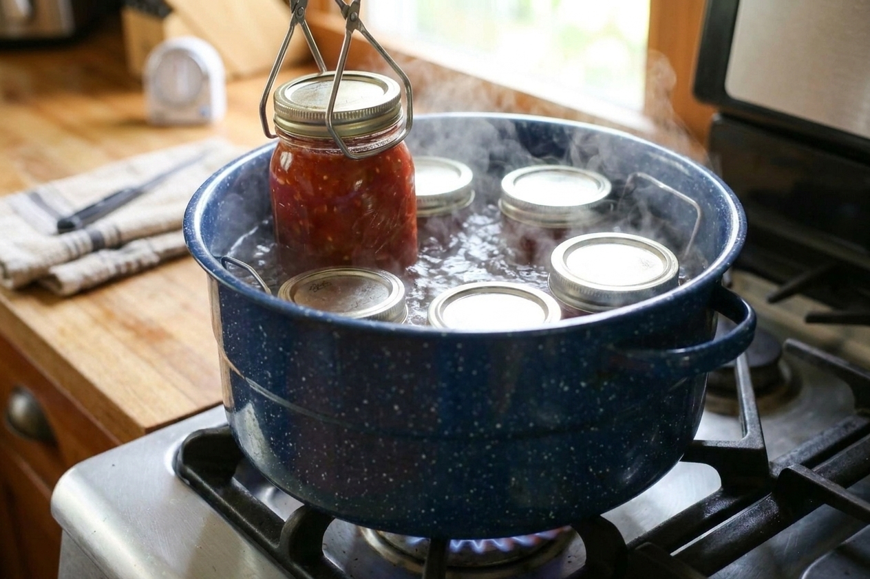 Canning jars submerged in a boiling water bath canner