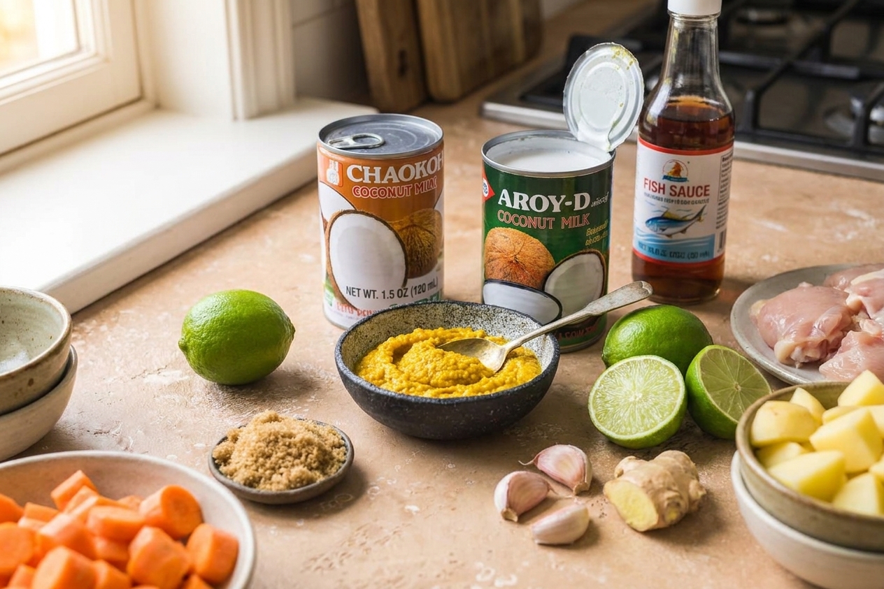 Cans of coconut milk, Thai yellow curry paste, fish sauce, brown sugar, lime, garlic, ginger, chicken, potatoes, and carrots arranged on a kitchen counter with warm natural light