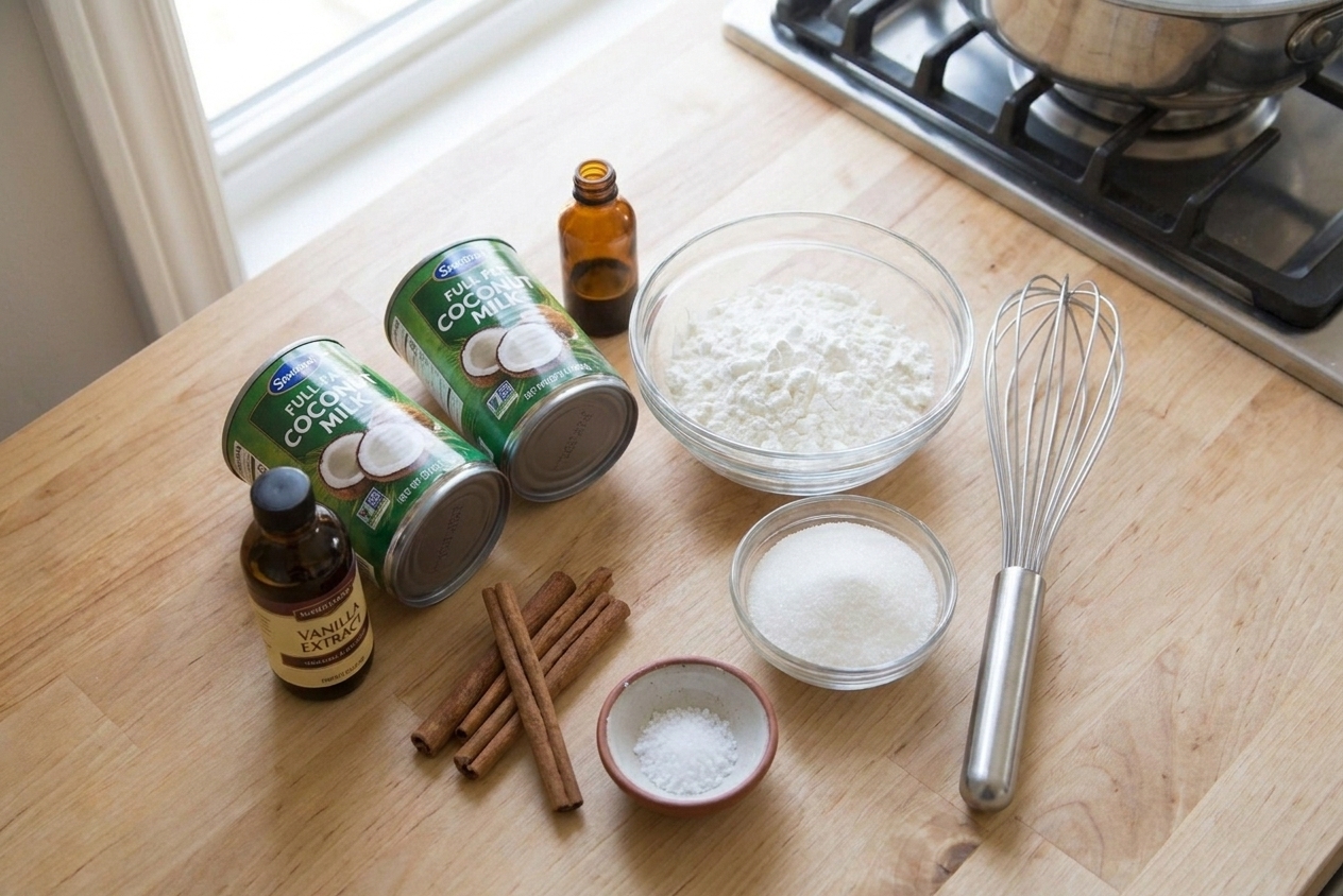 Cans of coconut milk, a bowl of cornstarch, sugar, cinnamon sticks, vanilla extract, and a pinch bowl of salt arranged on a clean kitchen counter in soft natural light