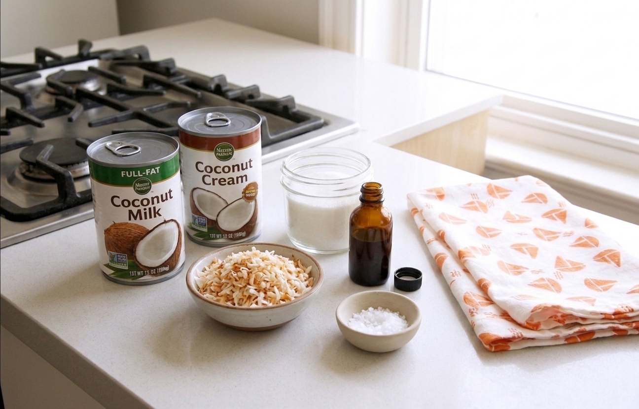 Cans of coconut milk and coconut cream, sugar, vanilla, shredded coconut, and a small bowl of salt arranged on a clean kitchen counter in natural light