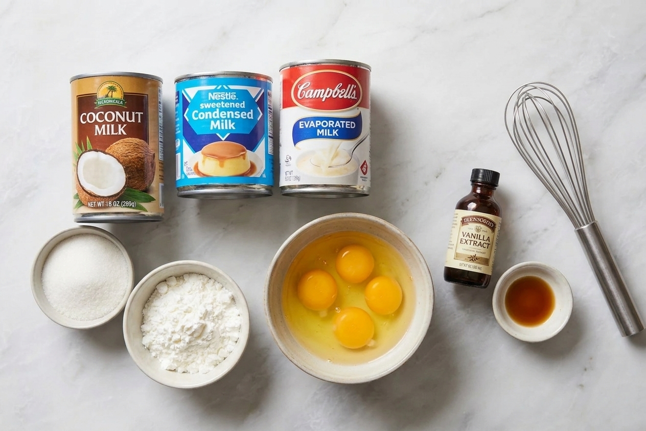 Cans of coconut milk, condensed milk, and evaporated milk next to small bowls of sugar, cornstarch, eggs, and vanilla on a tidy kitchen counter