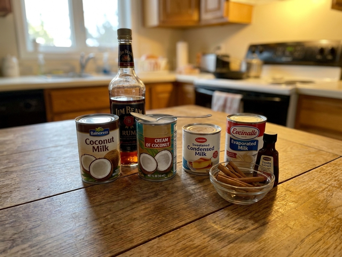 Cans of coconut milk, cream of coconut, sweetened condensed milk, evaporated milk, cinnamon sticks, vanilla, and a bottle of rum arranged on a bright kitchen counter