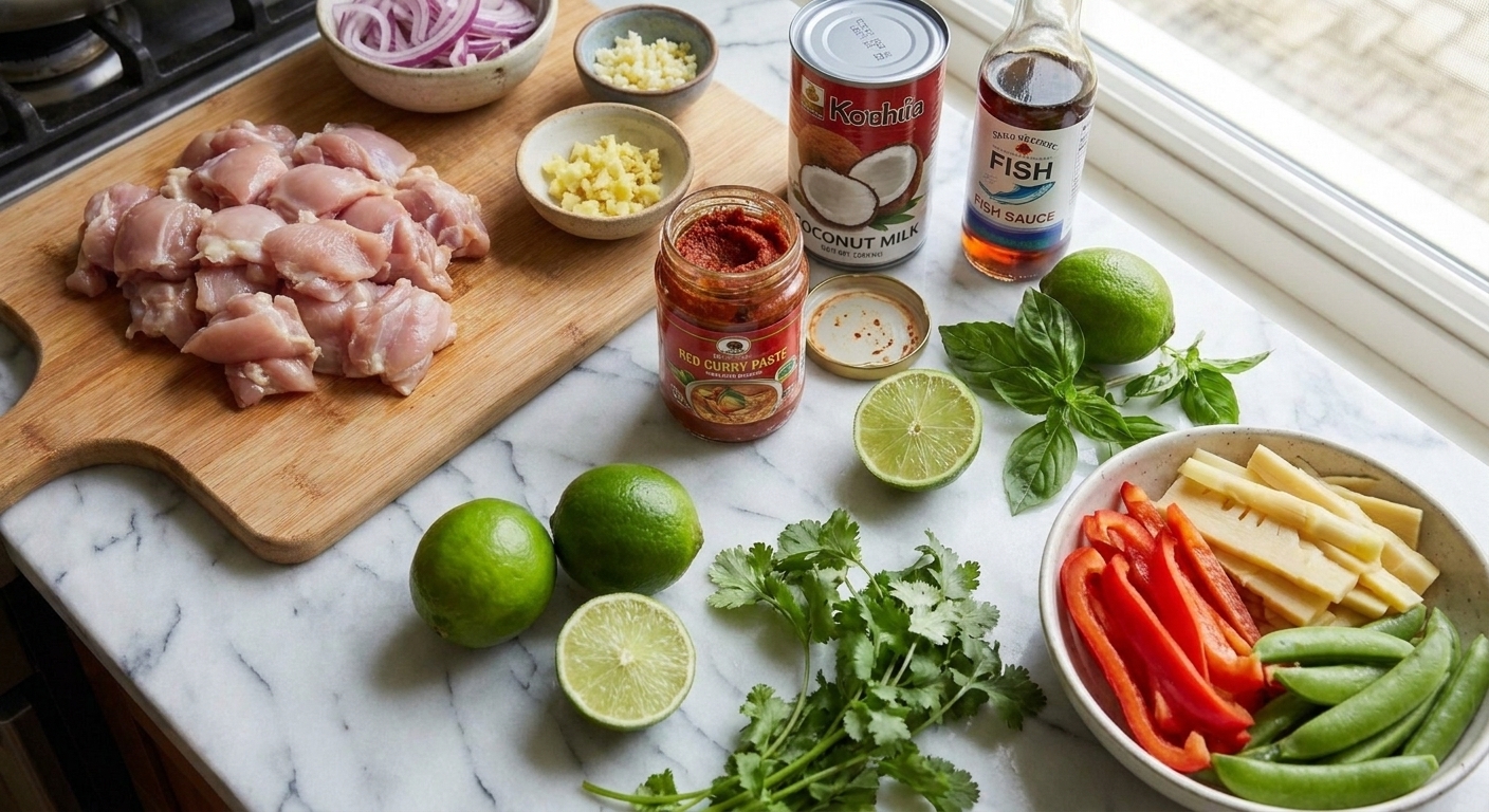 Cans of coconut milk, red curry paste, fish sauce, lime, garlic, ginger, chicken, and sliced vegetables arranged on a bright kitchen counter