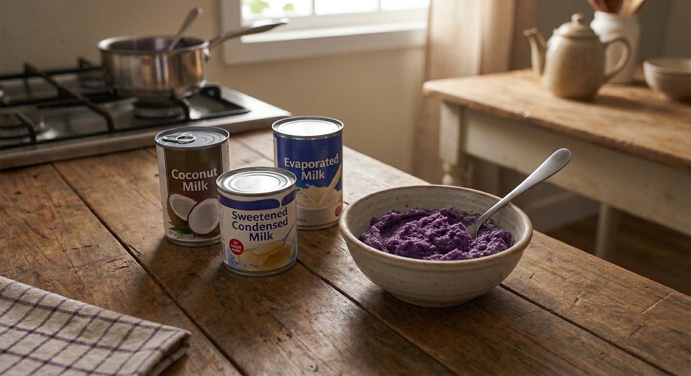Cans of coconut milk, sweetened condensed milk, and evaporated milk arranged on a kitchen counter beside a bowl of thawed grated ube