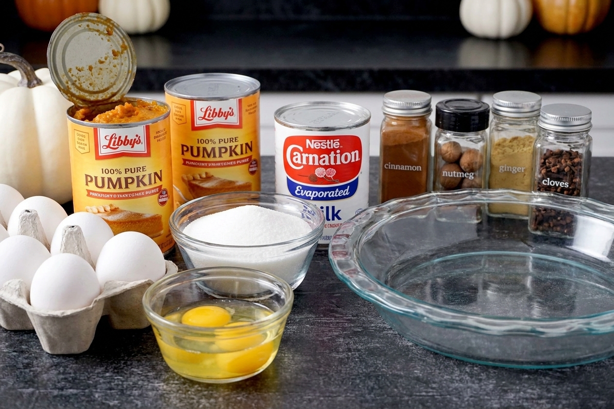 Cans of pumpkin puree, evaporated milk, eggs, sugar, and warm spices arranged on a kitchen counter with a pie plate