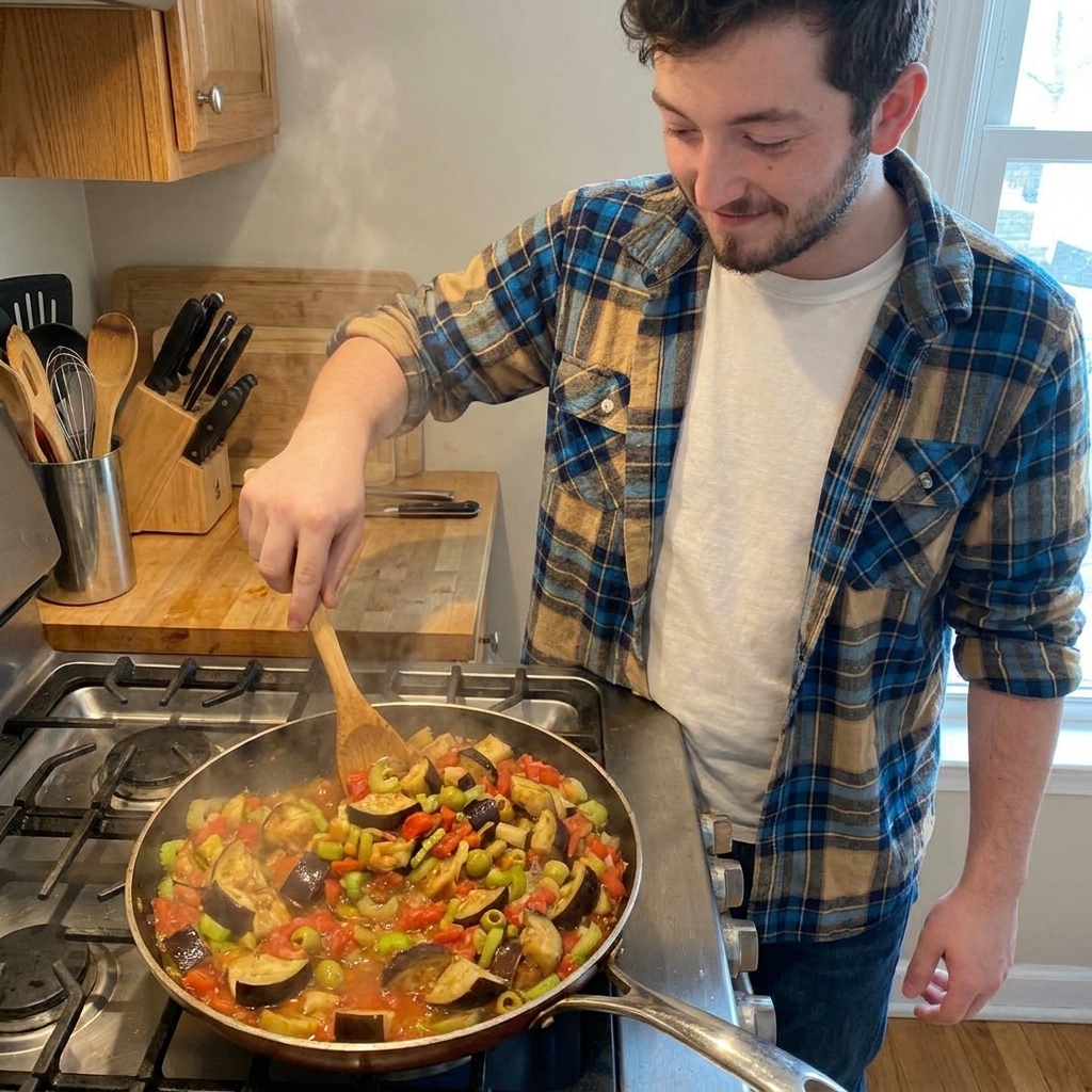 Caponata simmering in a wide skillet on a stovetop, with chunks of eggplant, tomato, olives, and celery visible in a glossy sweet-sour sauce