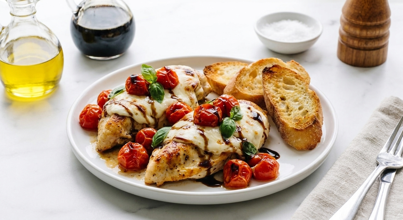 Caprese chicken served on a plate with blistered cherry tomatoes, basil, and a balsamic glaze drizzle alongside toasted bread on a simple table setting