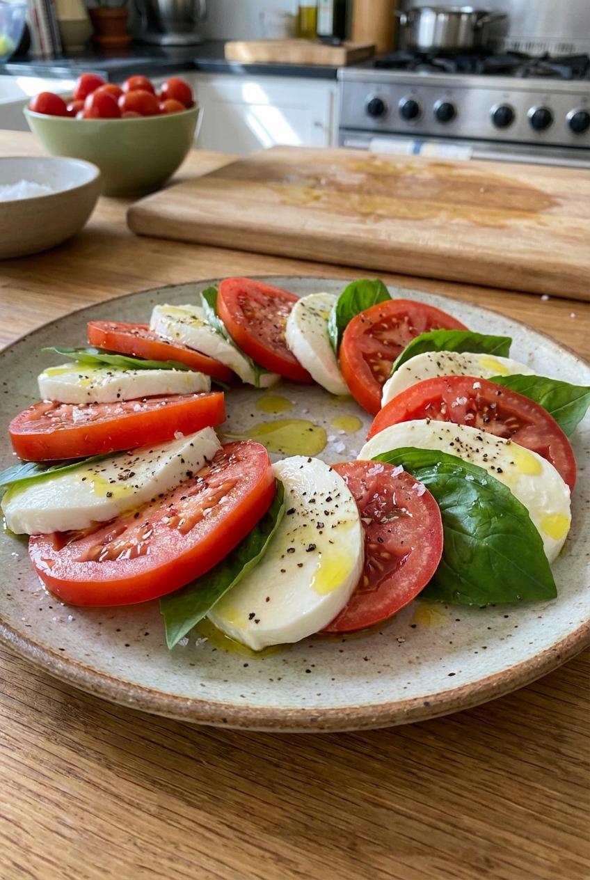 Caprese salad with sliced tomatoes, fresh mozzarella, basil leaves, and olive oil