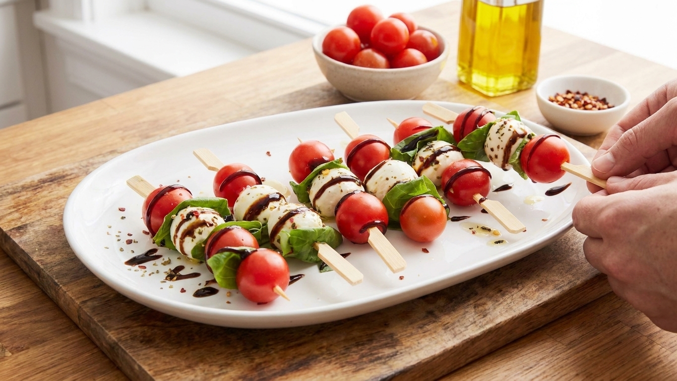Caprese skewers arranged neatly on a white platter with a light drizzle of balsamic glaze and basil leaves tucked between tomatoes and mozzarella