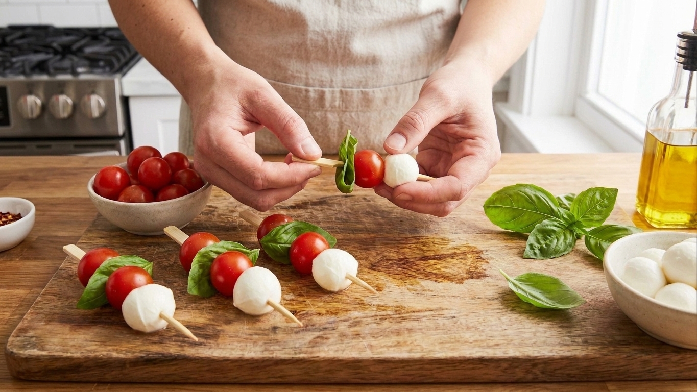 Caprese skewers being assembled on a kitchen counter by threading a cherry tomato, a folded basil leaf, and a mini mozzarella ball onto small wooden skewers