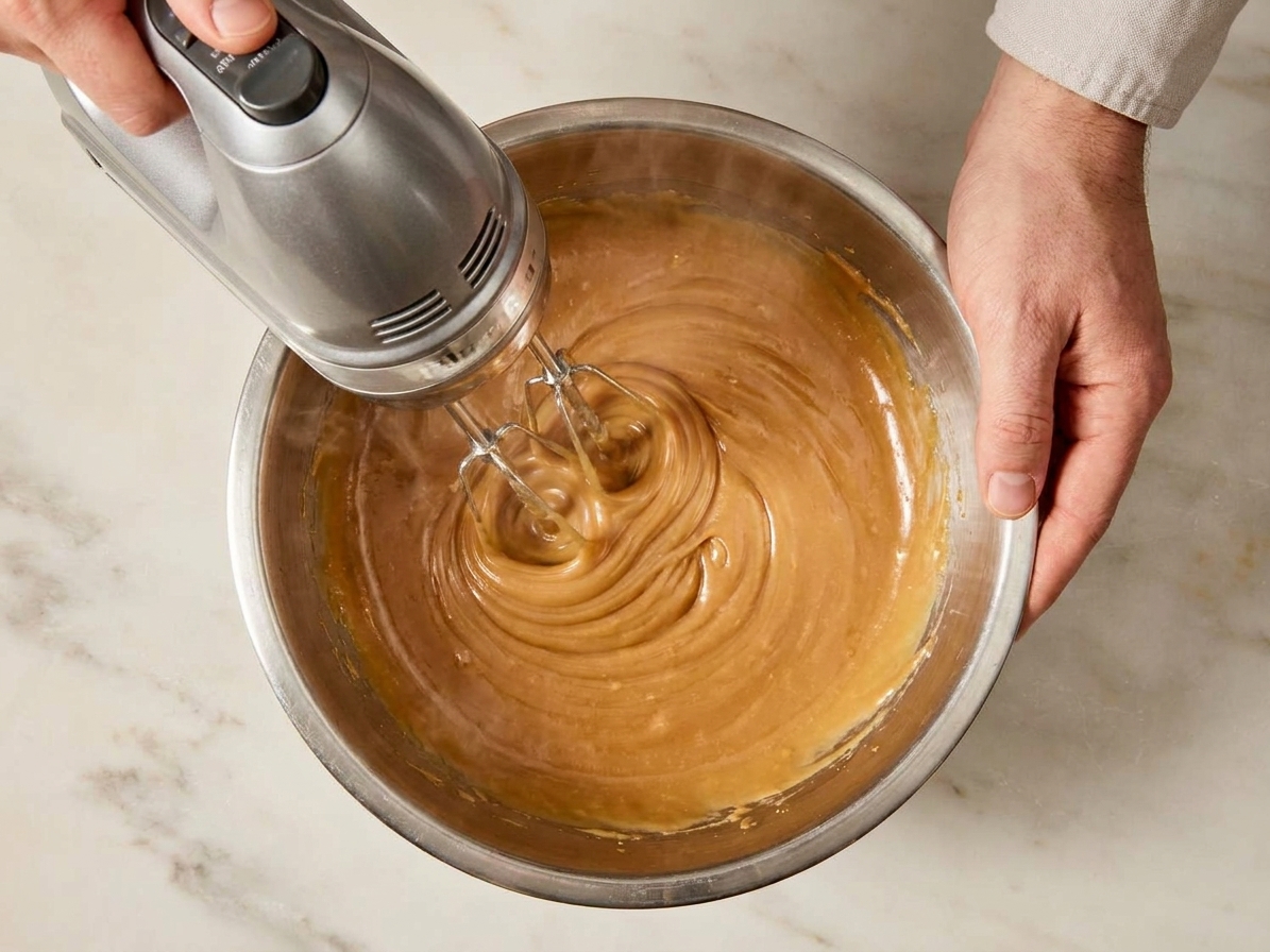 Caramel frosting being beaten in a bowl with a hand mixer until thicker and smooth