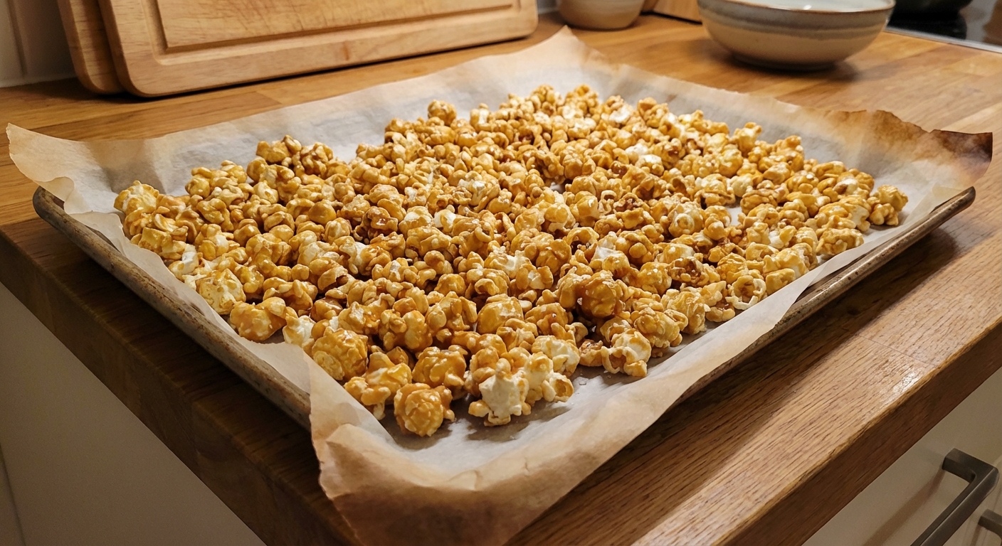 Caramel popcorn cooling in an even layer on a parchment-lined baking sheet