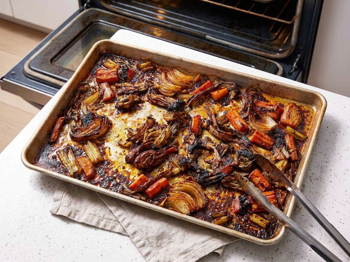 Caramelized onions, carrots, and celery with browned tomato paste roasting in a sheet pan until deeply browned