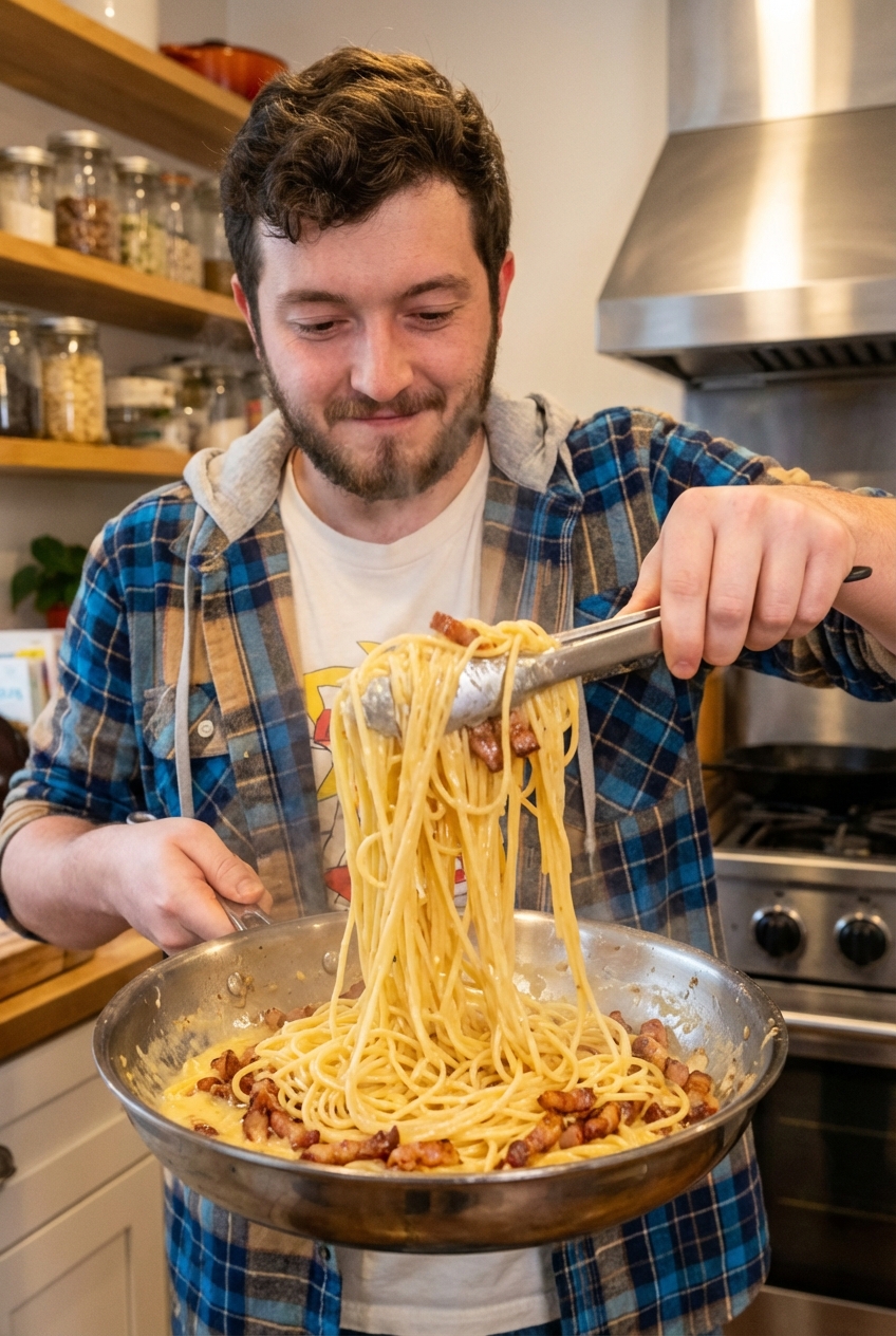 Carbonara being tossed in a skillet with tongs, showing glossy sauce and crisp guanciale