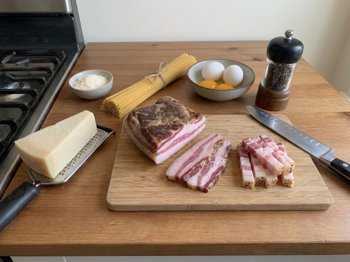 Carbonara ingredients on a kitchen counter including guanciale, a Pecorino Romano wedge, whole eggs and egg yolks, a black pepper grinder, and dry spaghetti arranged neatly
