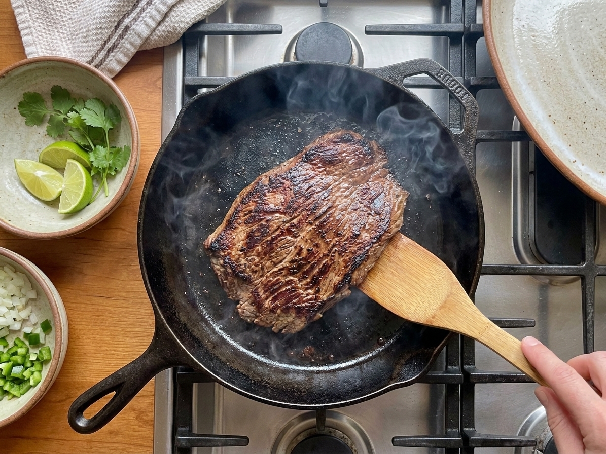 Carne asada steak searing in a hot cast iron skillet with visible browning and light smoke rising