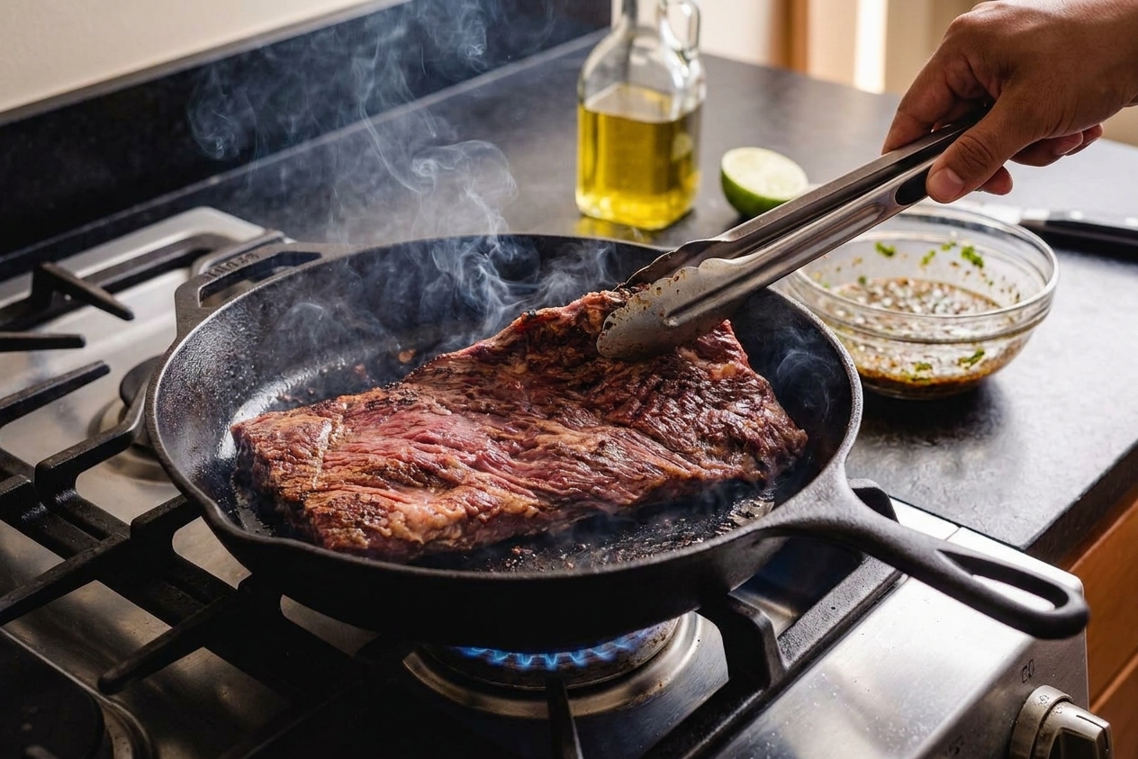 Carne asada steak searing in a hot cast iron skillet with browned edges forming, stovetop cooking scene