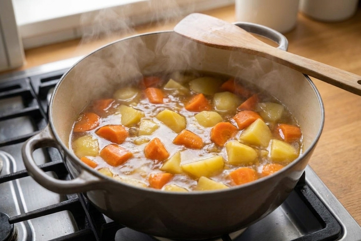 Carrot and potato chunks simmering in broth in a Dutch oven with steam rising