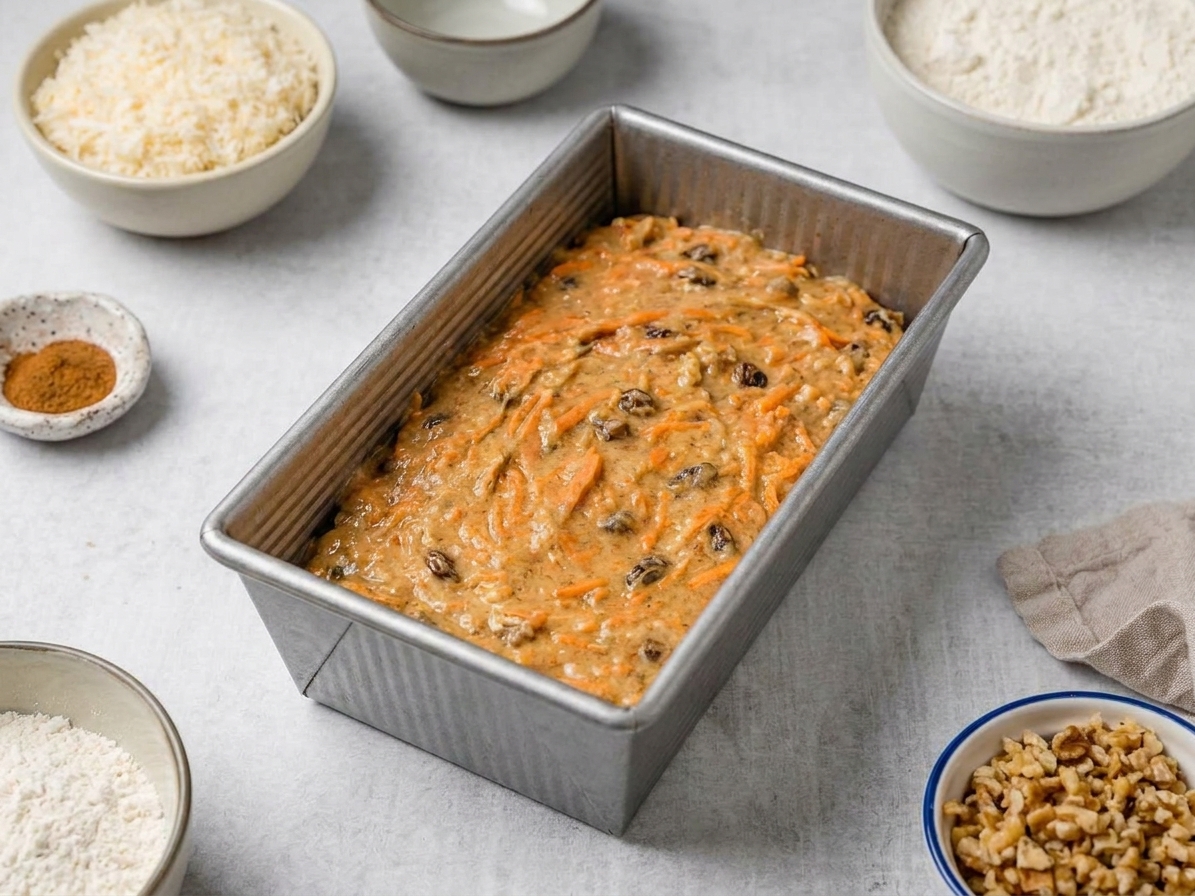 Carrot bread batter smoothed into a metal loaf pan, with shredded carrot visible throughout