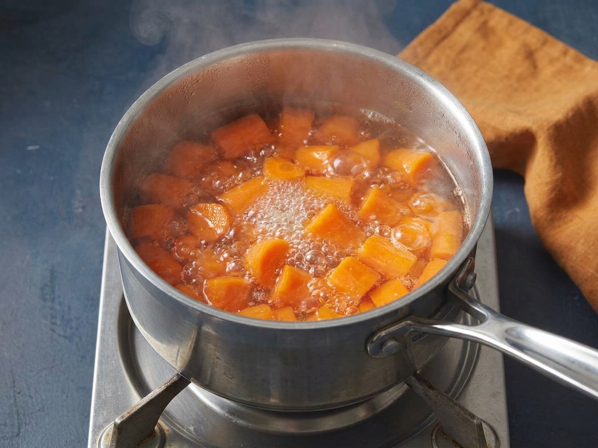 Carrot chunks boiling in a stainless steel pot on a home stove with steady simmering bubbles
