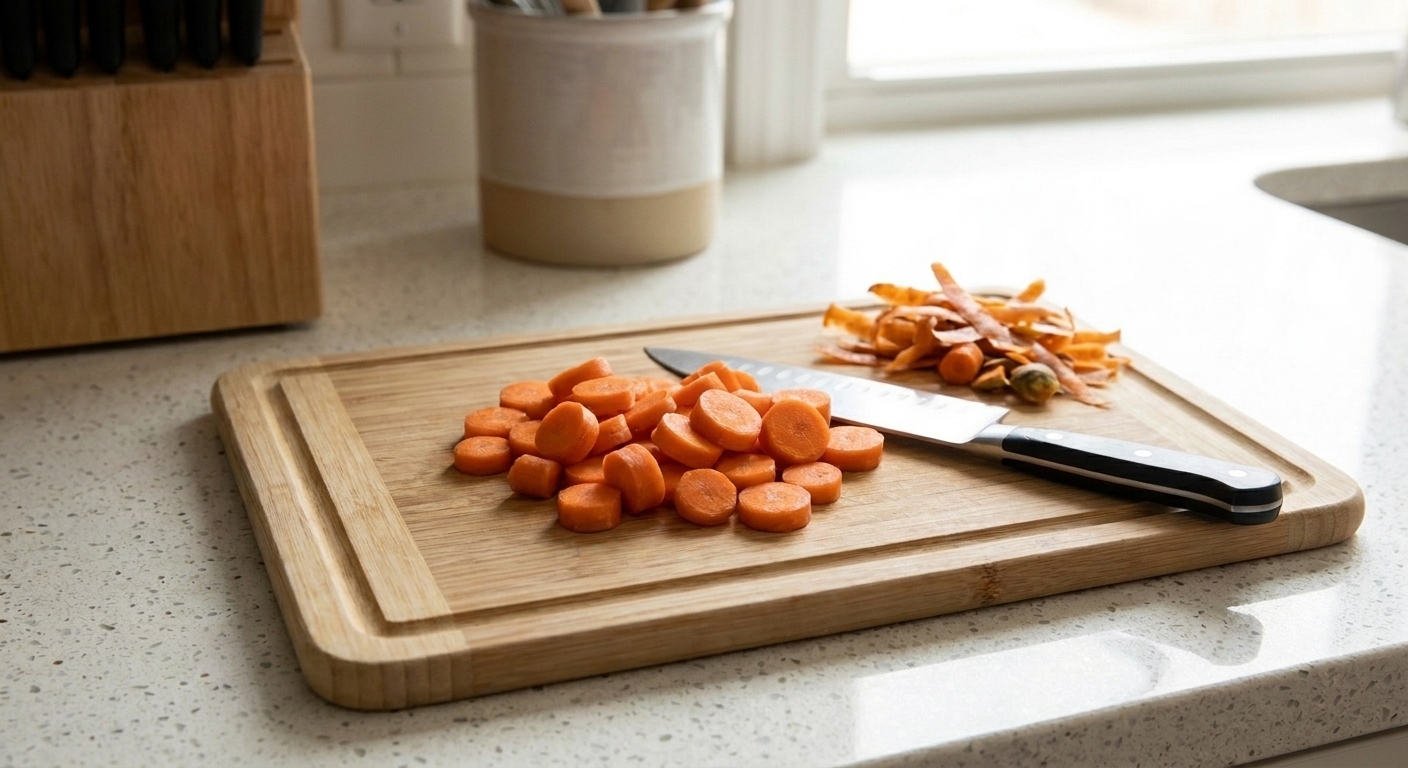 Carrot coins cut into even slices on a wooden cutting board with a chef's knife and a small pile of carrot peels nearby