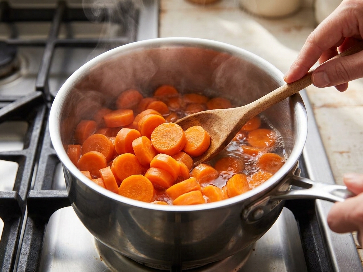 Carrot coins simmering in a small amount of water in a stainless steel saucepan on a stovetop