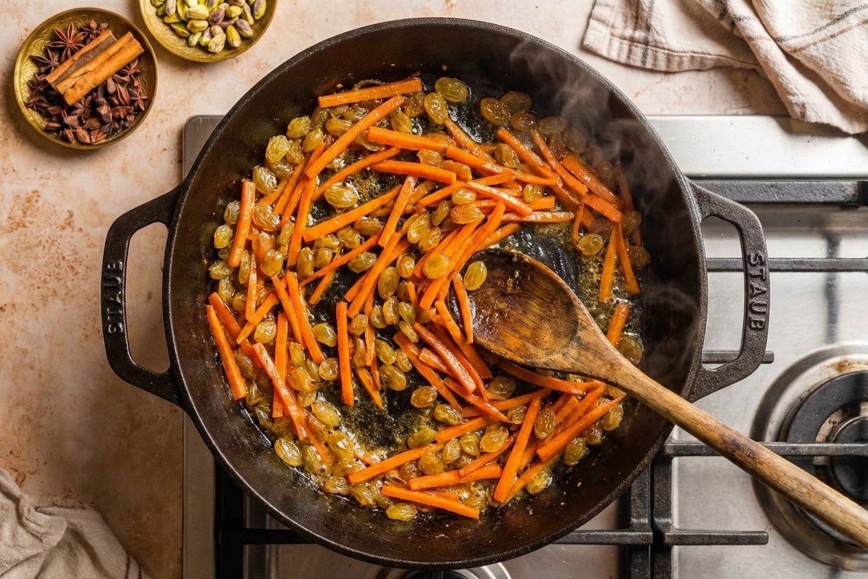 Carrot matchsticks sautéing with golden raisins in a skillet, with a wooden spoon stirring