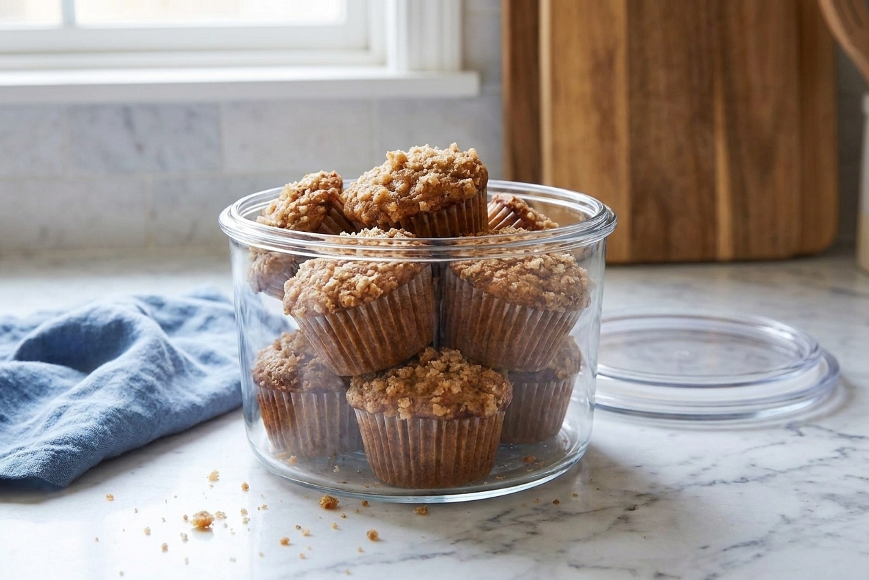 Carrot muffins stored in a clear airtight container on a kitchen counter with the lid set beside it