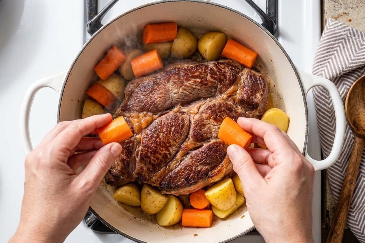 Carrot pieces and potato chunks being added around a braising pot roast in a Dutch oven