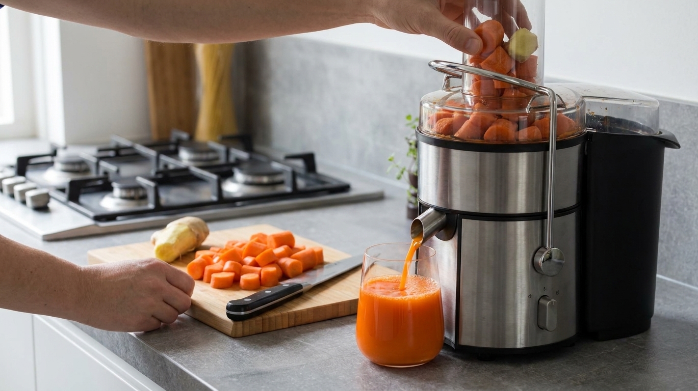 Carrot pieces being fed into a countertop juicer on a home kitchen counter