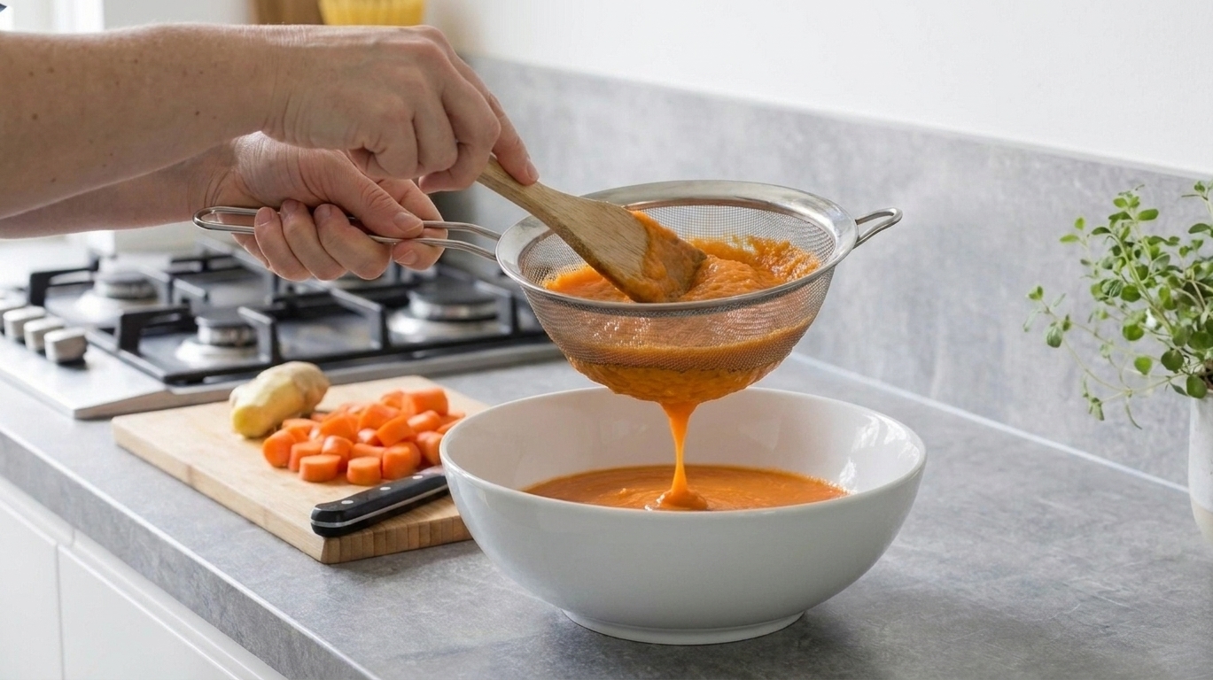 Carrot puree being strained through a fine mesh sieve into a bowl on a kitchen counter