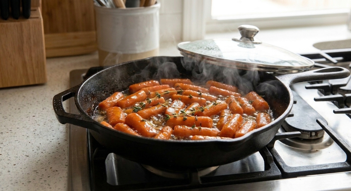 Carrot slices simmering in a wide skillet with steam rising and a lid slightly ajar on a home stove