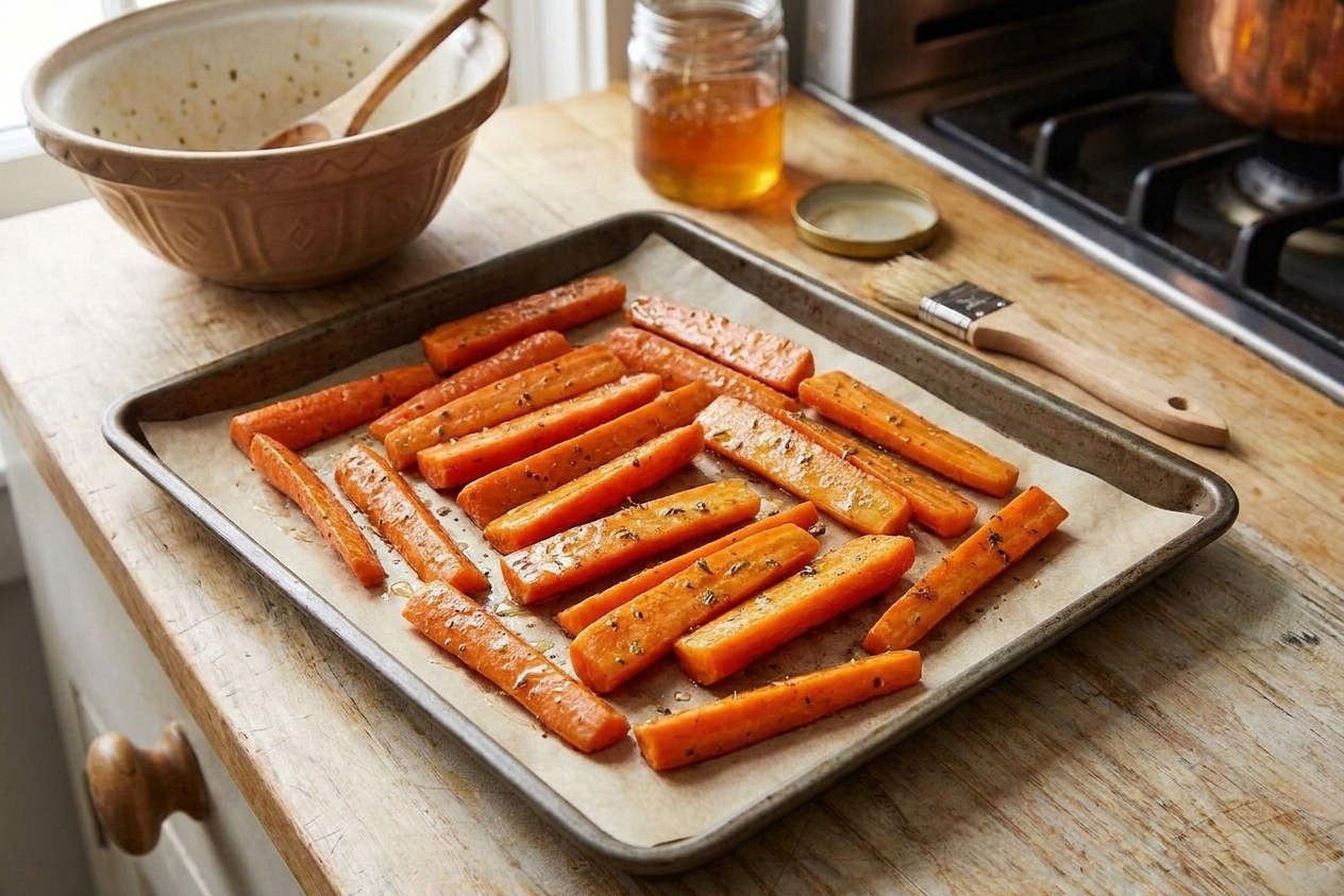 Carrot sticks arranged in a single layer on a rimmed baking sheet on a kitchen counter