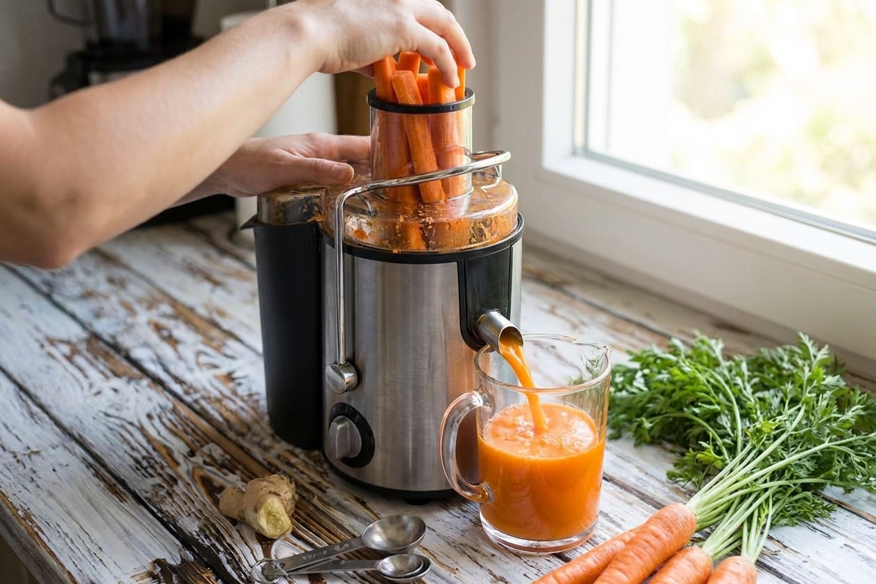 Carrot sticks being fed into a countertop juicer chute while juice collects in a glass container on a bright kitchen counter