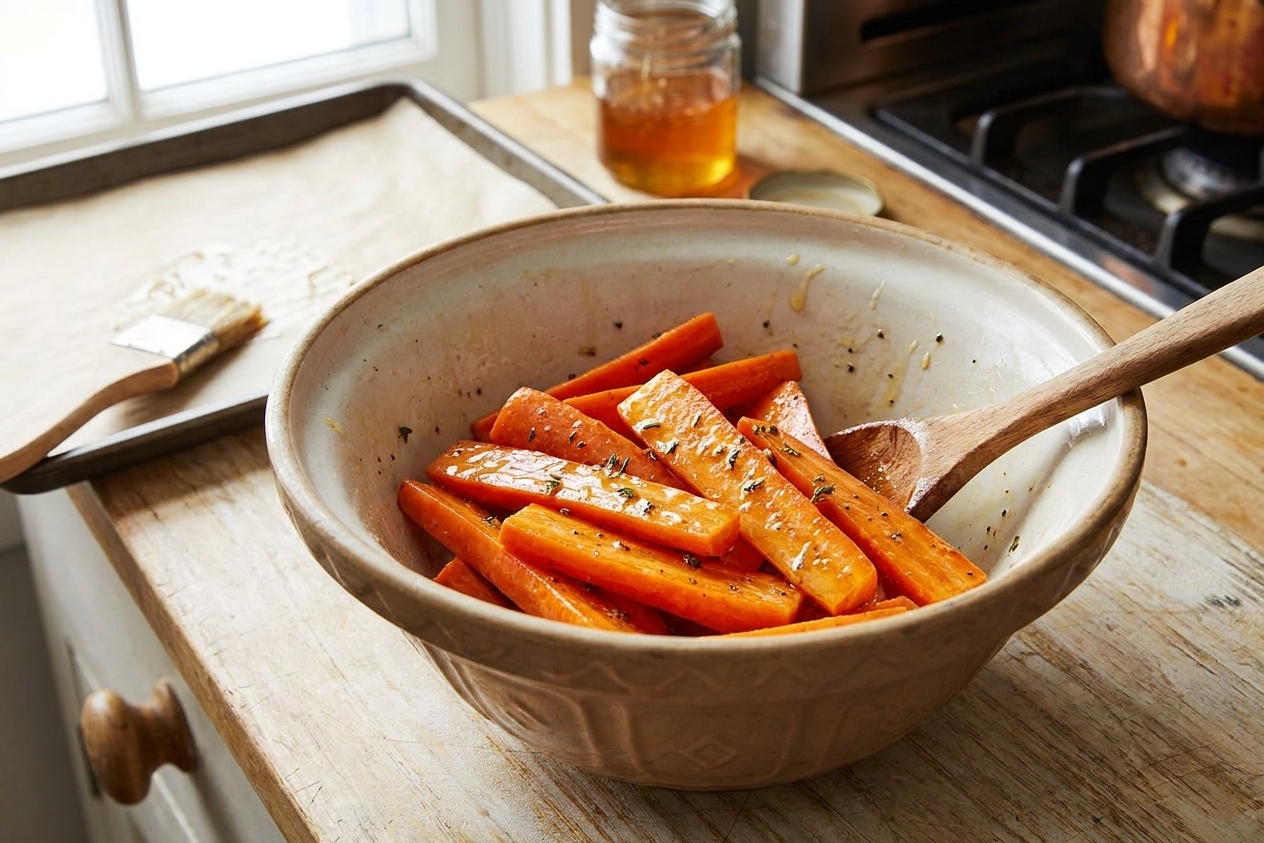 Carrot sticks coated in a shiny honey butter mixture in a mixing bowl, ready to roast