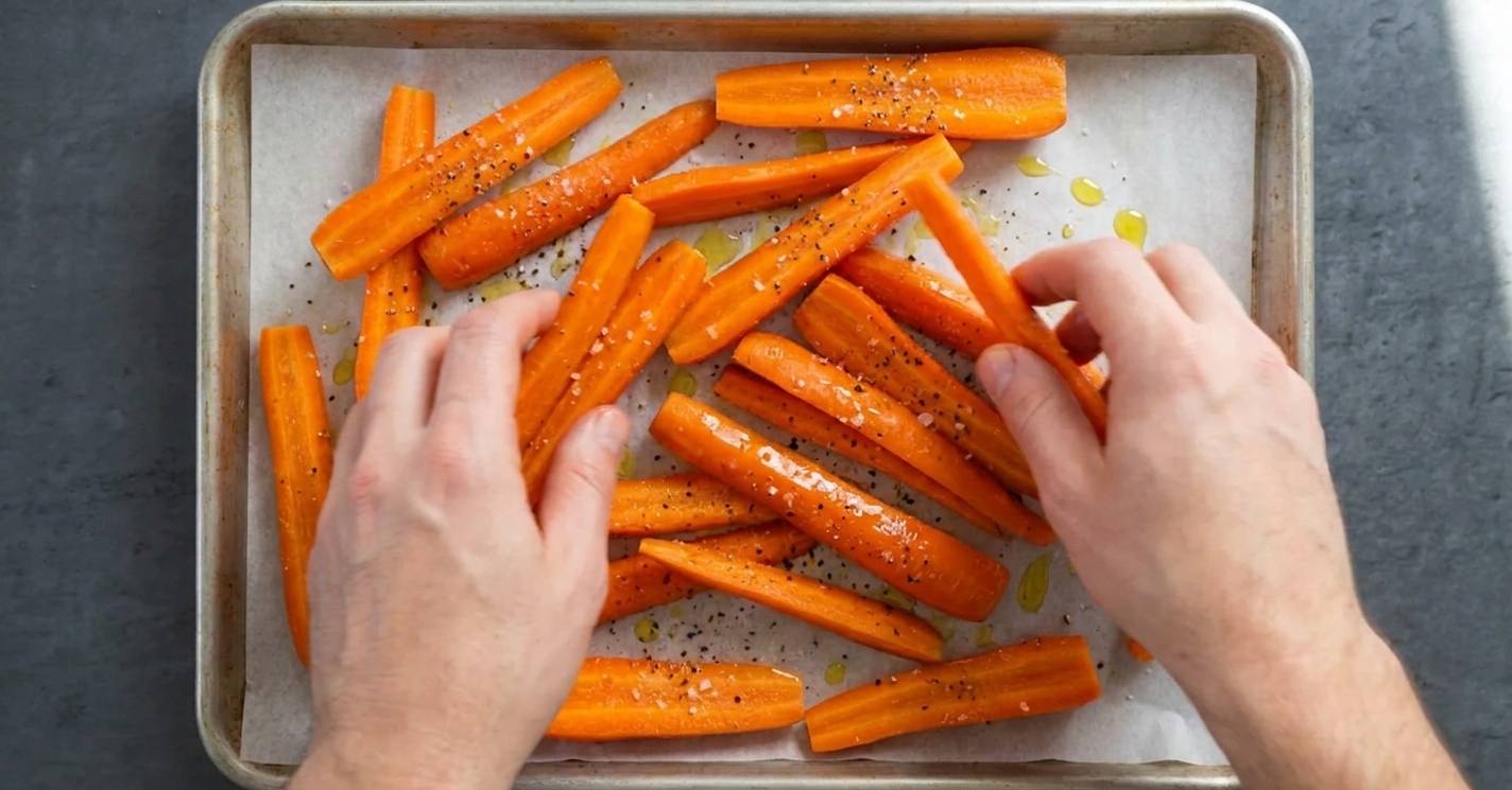 Carrot sticks tossed with olive oil, salt, and pepper spread in a single layer on a parchment-lined sheet pan