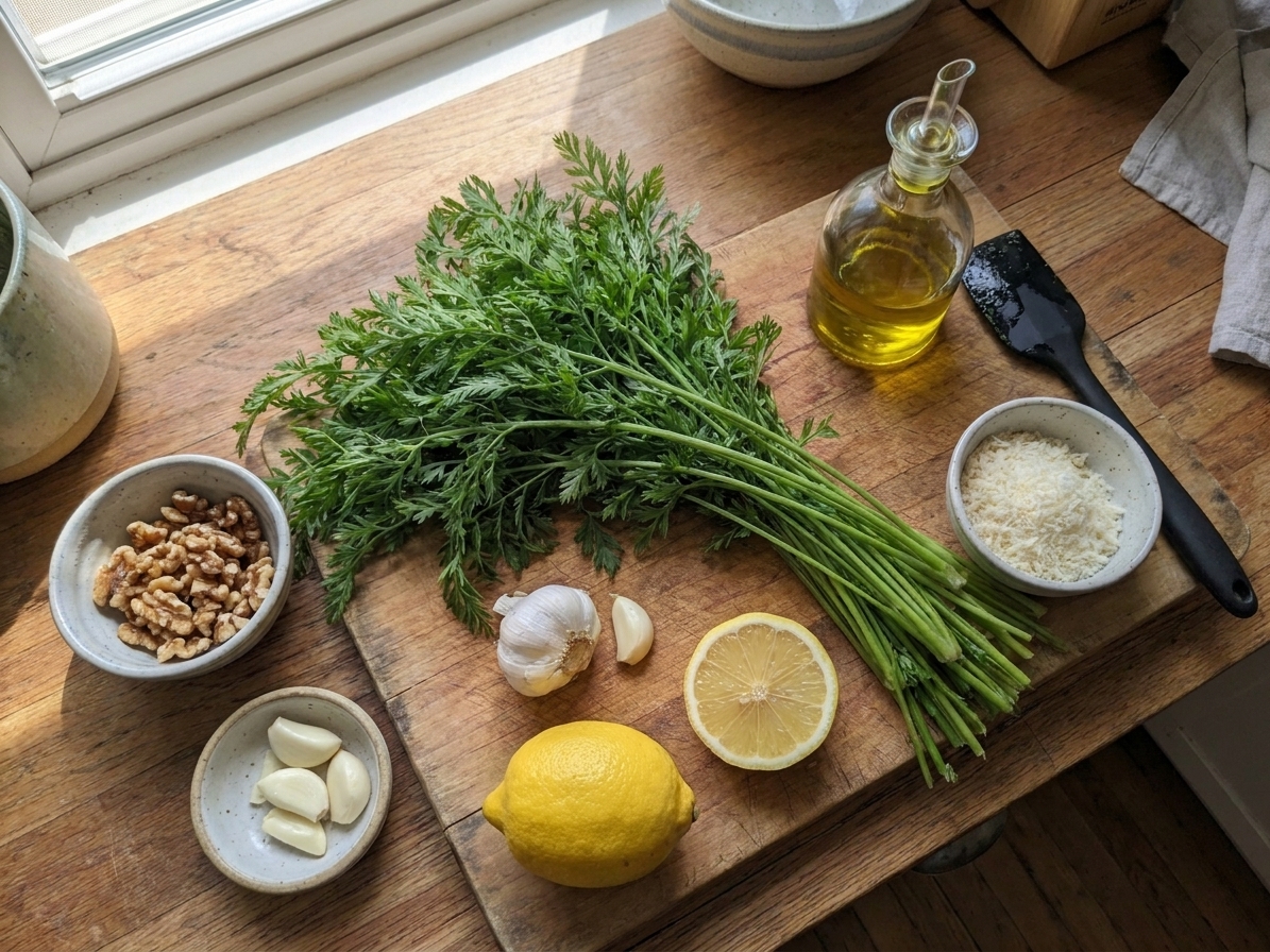 Carrot tops, toasted walnuts, a lemon, garlic, olive oil, and grated Parmesan arranged on a clean kitchen counter with small prep bowls