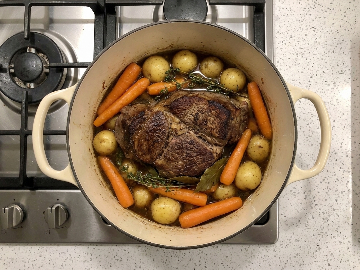 Carrots and baby potatoes arranged around a braising pot roast inside a Dutch oven before returning to the oven
