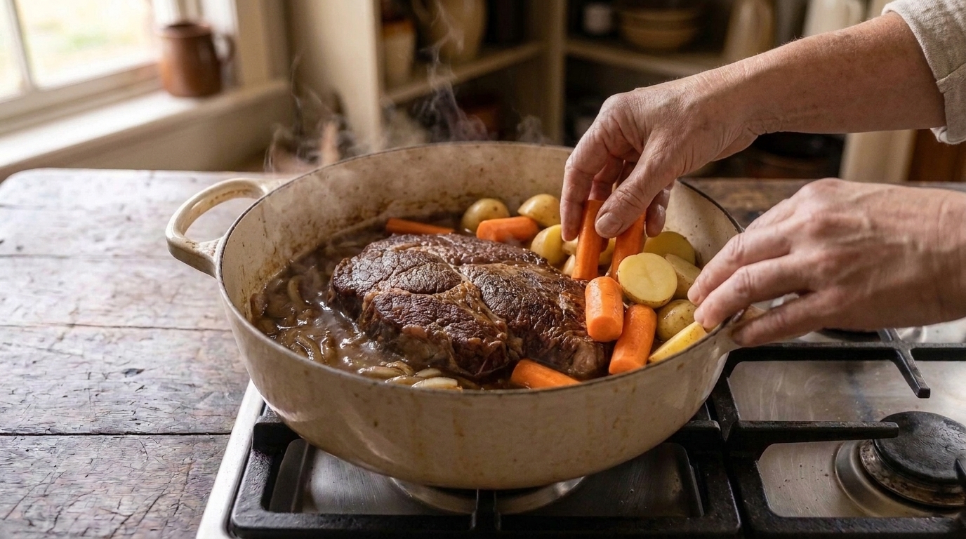 Carrots and baby potatoes being added around a braising chuck roast in a Dutch oven with rich broth