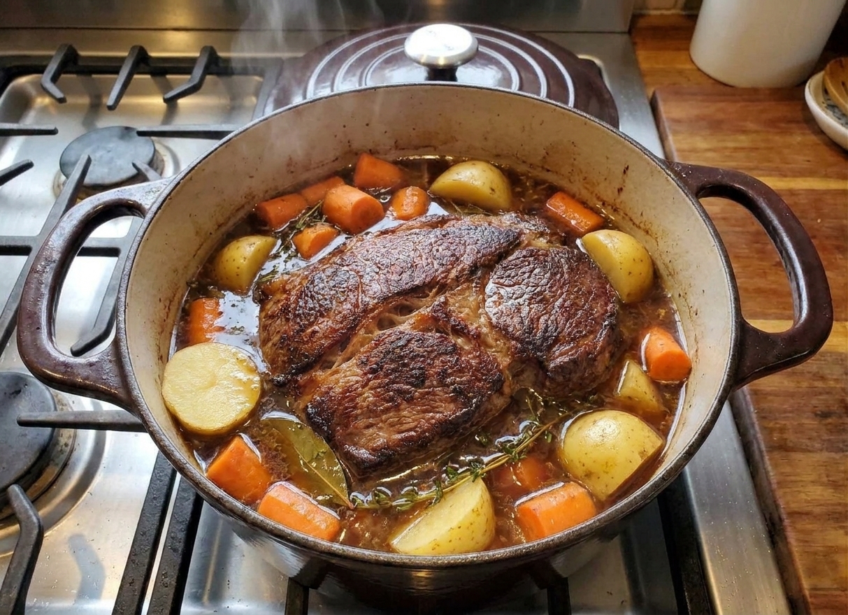 Carrots and halved potatoes arranged around a braising chuck roast inside a Dutch oven with rich broth before going back into the oven
