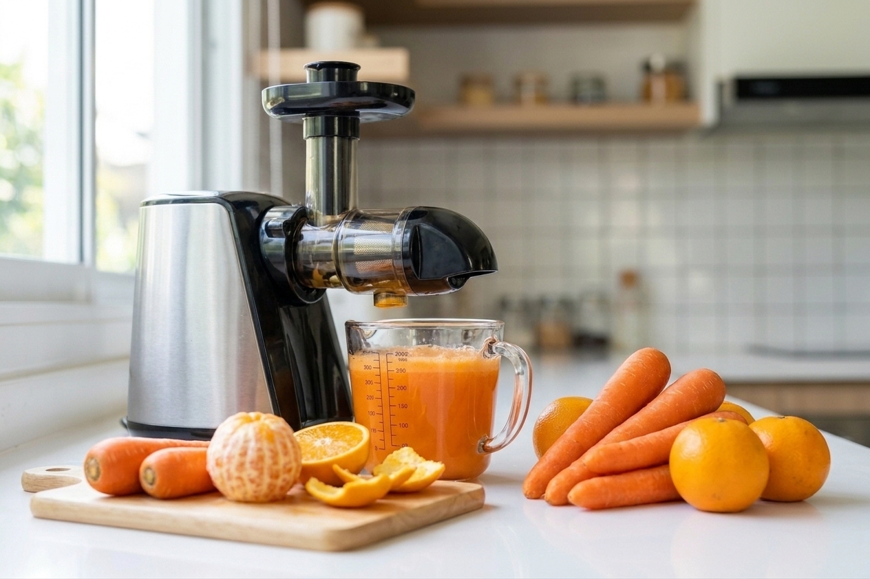 Carrots and peeled oranges next to a juicer on a kitchen counter with a measuring cup catching bright orange juice