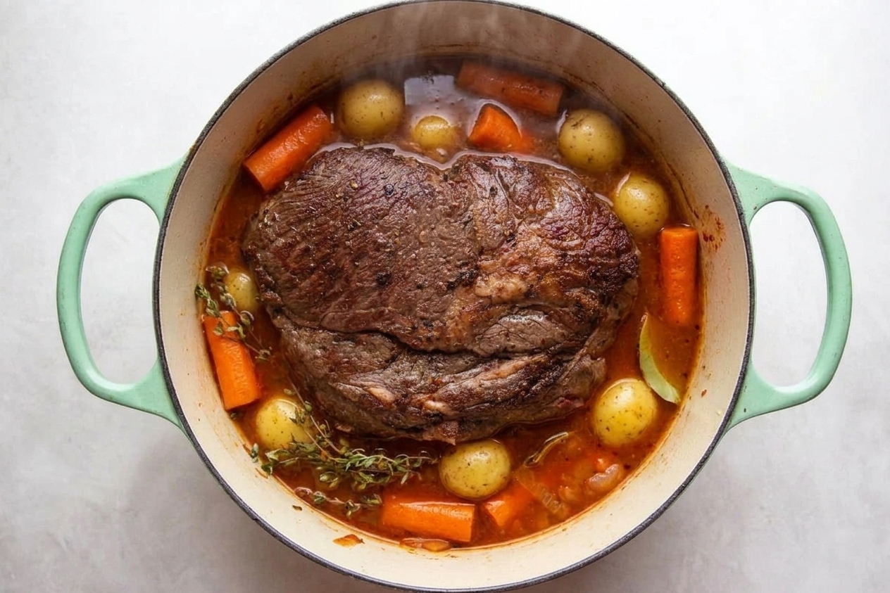 Carrots and potato chunks arranged around a braising pot roast inside a Dutch oven with simmering broth, shot from above