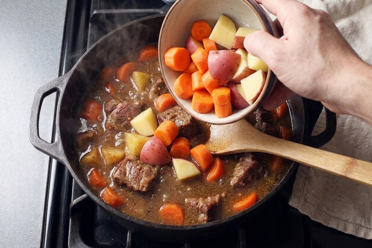 Carrots and potato chunks being added to a simmering pot of beef stew
