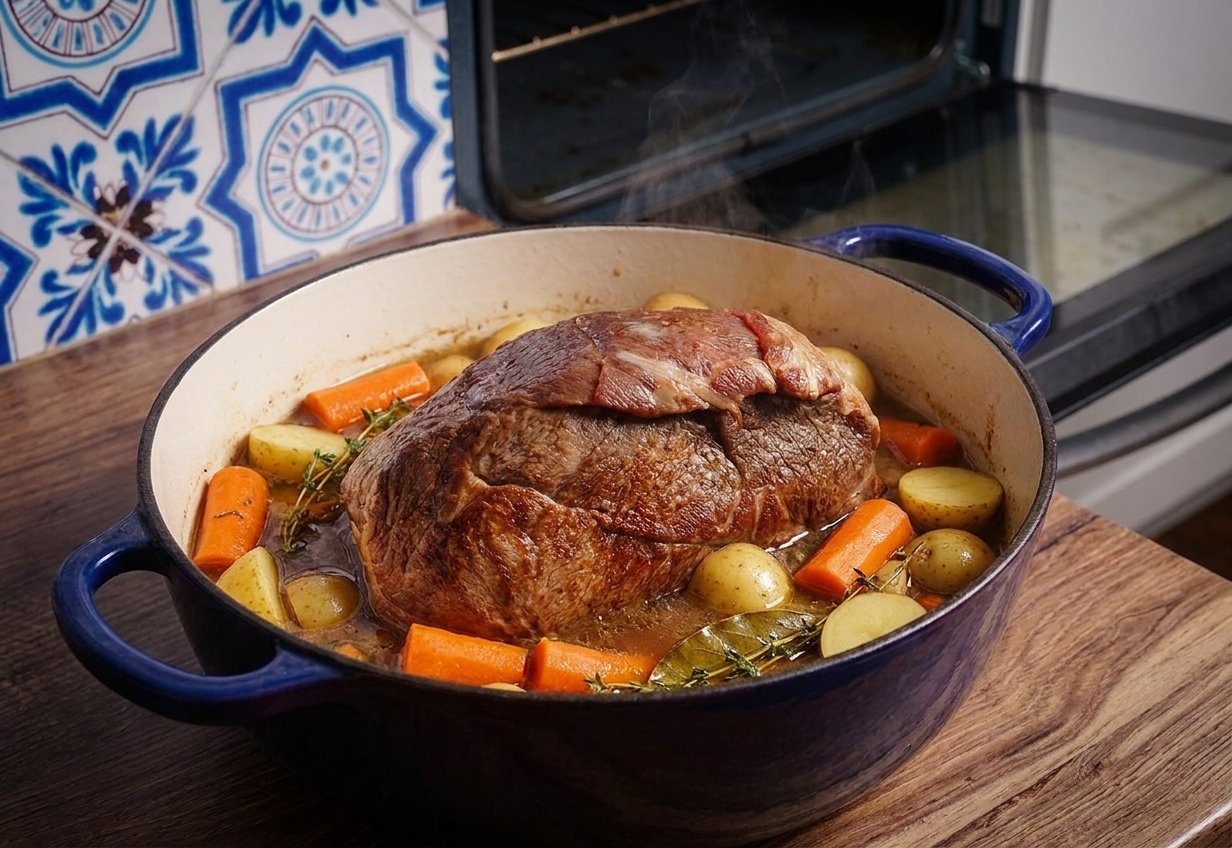 Carrots and potato chunks tucked around a braising pot roast inside a Dutch oven before returning to the oven