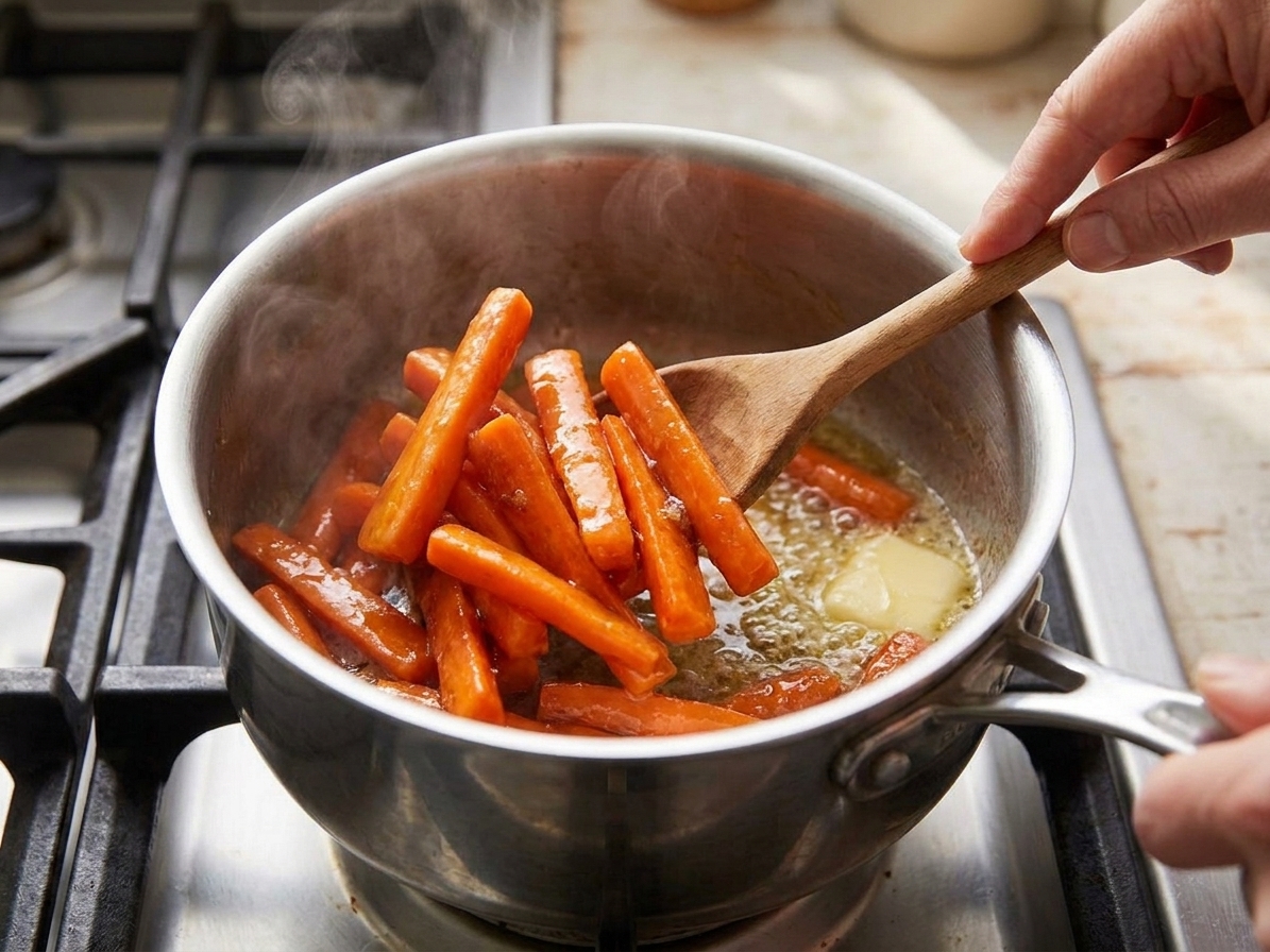 Carrots being tossed in a saucepan as butter and brown sugar melt into a glossy glaze