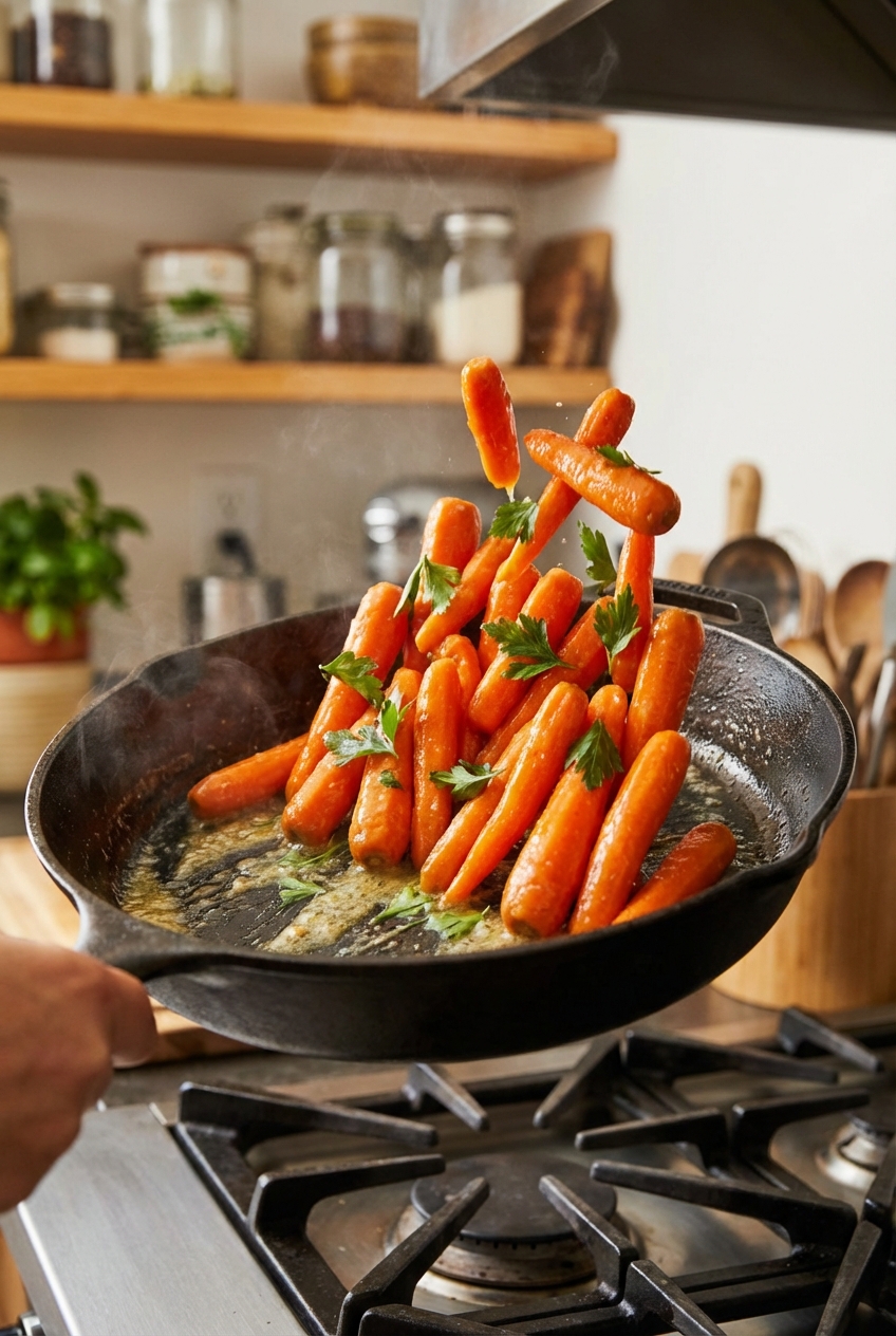 Carrots being tossed in a skillet with a glossy butter glaze and fresh parsley
