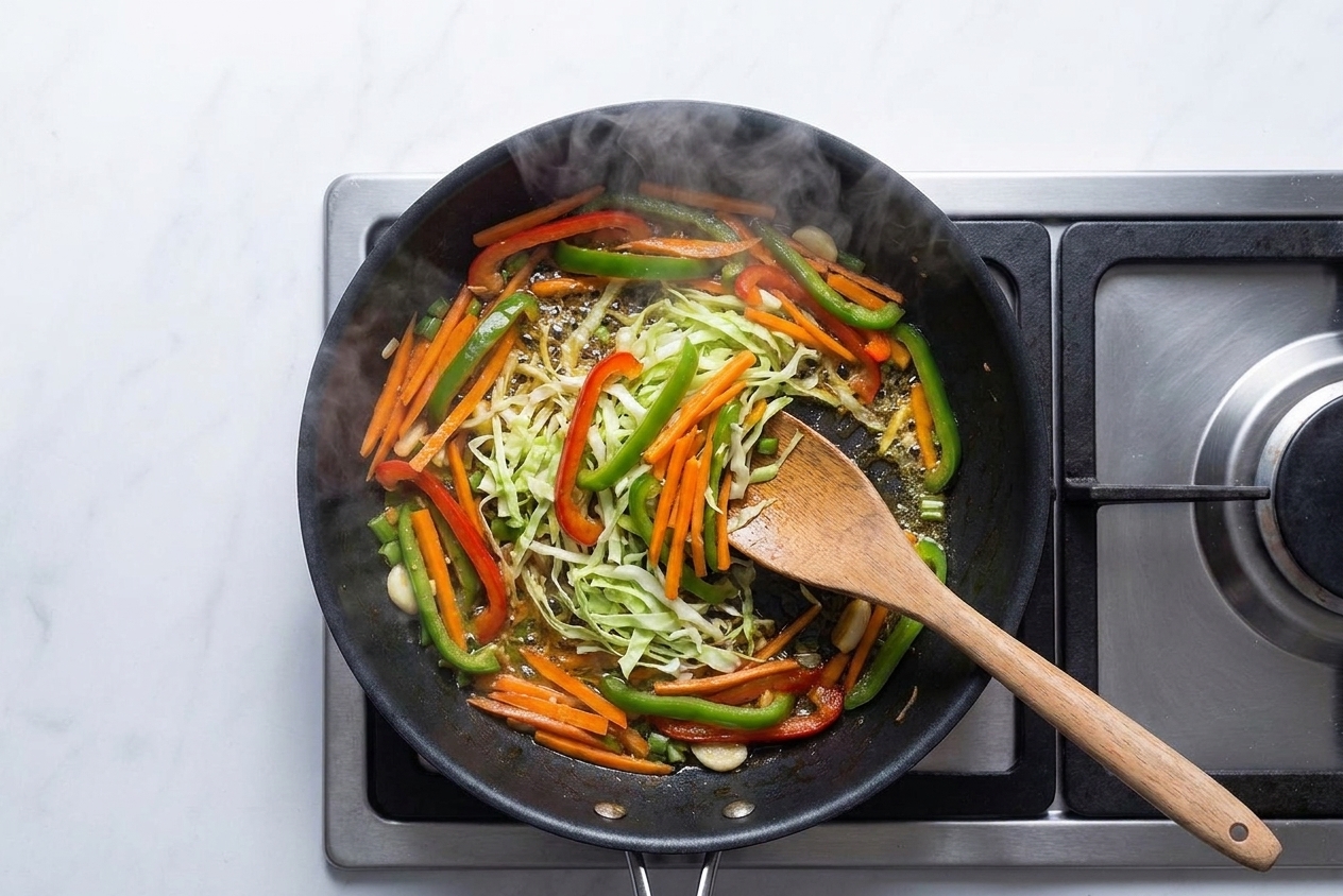 Carrots, bell pepper, and cabbage sizzling in a skillet on a stovetop with steam rising