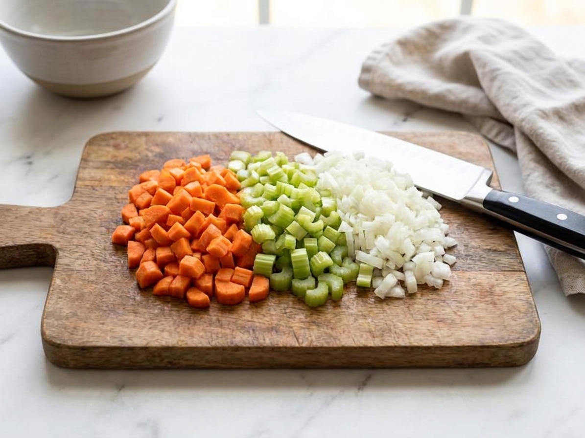 Carrots, celery, and onion chopped on a wooden cutting board with a chef’s knife nearby on a bright kitchen counter