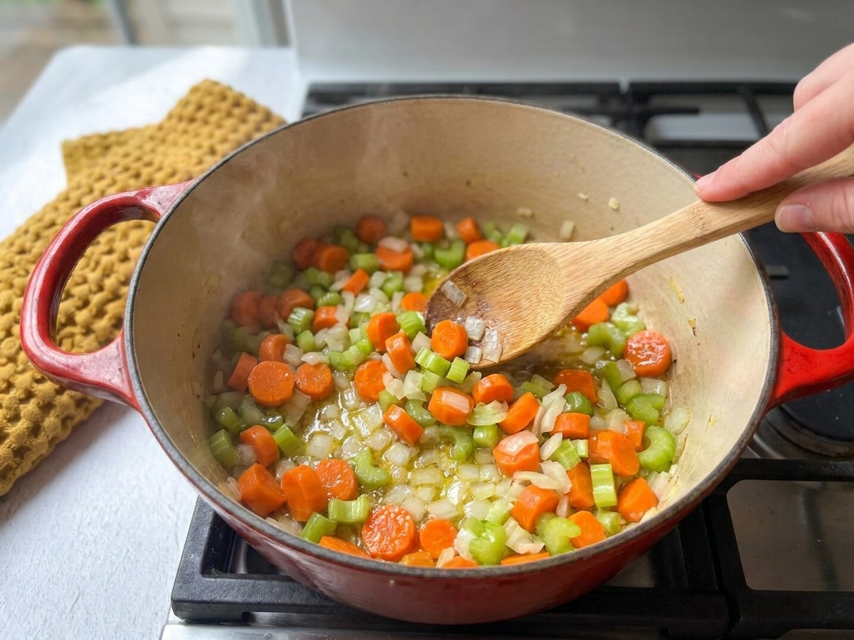 Carrots, celery, and onion sautéing in a Dutch oven on a stovetop with a wooden spoon stirring