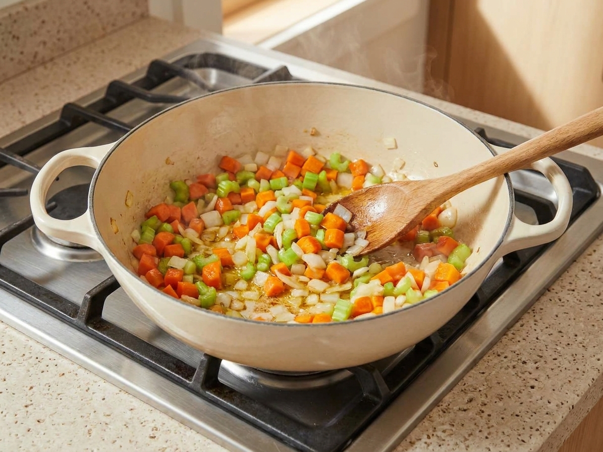 Carrots, celery, and onion sautéing in a large Dutch oven on a stovetop with a wooden spoon